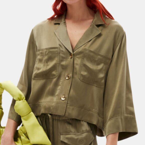 NWOT GANNI Washed Satin Crop Shirt $275 Olive Green EU 44 US 14 - Picture 1 of 12